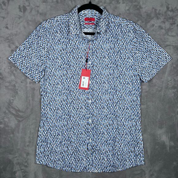 Hugo Boss Empson Extra Slim Fit Shirt Open Blue Print NWT Size L - Picture 1 of 7